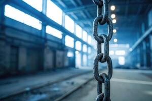 A heavy, weathered chain hangs vertically in an abandoned industrial building. photo