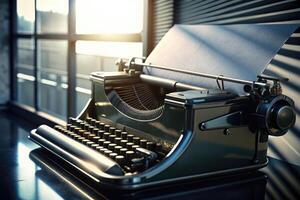 Close-up of a vintage typewriter on a desk with blank paper ready for the next story. photo