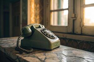 An aged rotary phone on a marble surface, reminiscent of simpler times. photo