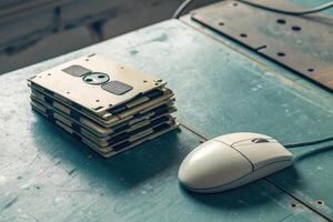 A stack of old floppy disks and a computer mouse on a vintage, textured desktop. photo