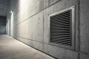 An illuminated concrete hallway with a metallic vent on the textured wall creating depth and contrast. photo