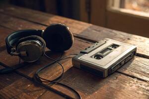 An old cassette player with headphones on a wooden table, ready for music. photo