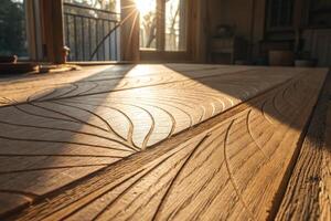 Intricate leaf pattern carved into a wooden table with warm sunlight creating shadows. photo