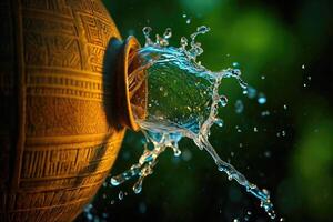 Water splashes from carved pottery creating beautiful patterns in nature photo