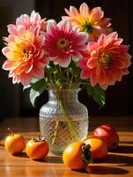 Bright dahlia bouquet paired with ripe persimmons on a wooden table in warm light photo