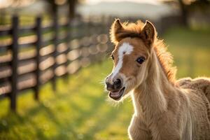 Playful foal with a crooked mane frolicking in a sunlit pasture during golden hour photo