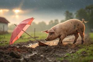 Piglet struggles to drag red umbrella on muddy farm during rain photo