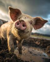 Extreme close up of a curious piglet snout and bright eyes in a muddy farm setting photo