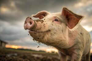 Close up view of a piglet showing its snout and eyes amidst a natural setting at dusk photo