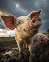 Playful piglet with a muddy snout enjoys a day in the farm field under cloudy skies photo
