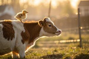Fluffy duckling enjoys a ride on the back of a calm brown and white cow during sunset photo
