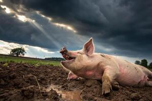Piglet joyfully rolling in mud under moody clouds during late afternoon photo