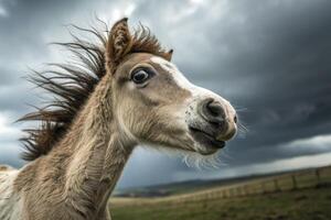 Close up portrait of a curious foal with windblown mane in a dramatic sky photo