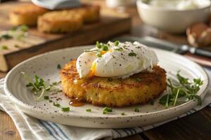 Crispy hash browns topped with poached egg and fresh herbs served on a rustic plate photo