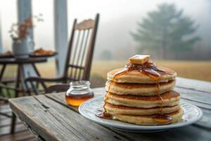 Stack of pancakes topped with melted butter and maple syrup on a rustic porch in the morning photo