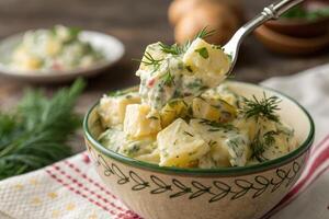 Rustic potato salad with dill and mustard served in a decorative bowl photo
