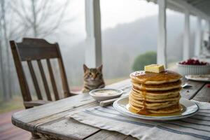 Delightful stack of pancakes with syrup and butter on a rustic farm setting in morning light photo