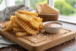 Stacked waffle cut fries served on a wooden board with dipping sauce in a cozy setting photo