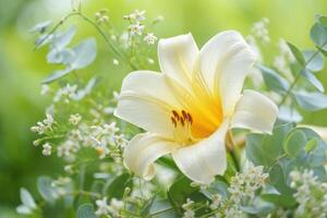 A stunning white lily displays its beauty amid delicate greenery, in a soft, natural setting. photo