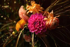 Close-up view of a vibrant dahlia with other colorful flowers in a beautiful bouquet. photo