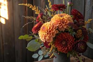 Vibrant autumn dahlia bouquet in a rustic vase, perfect for seasonal decorations and events. photo