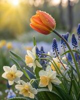 A close-up shot captures a vibrant tulip and daffodils covered in morning dew in spring. photo
