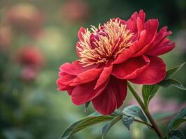 Captivating view of a lush red peony in its full bloom, perfect for spring and summer vibes. photo