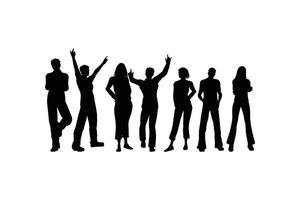Silhouette Set of Men and Women Standing in Various Poses Including Profiles and Raised Hands Business Group Illustration in Black Isolated on White Background vector