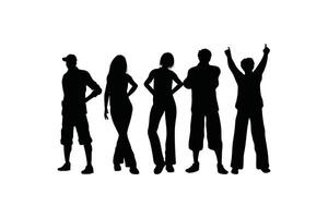 Silhouette Collection of Standing Men and Women in Diverse Poses with Raised Hands and Side Profiles Business Team Concept Isolated on White Background vector