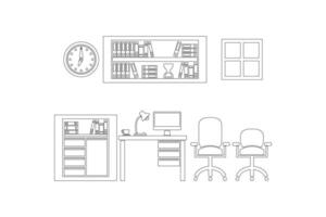 Comprehensive Interior Workplace Outline Icon Set Featuring Office Furniture and Equipment for Web Design and Modern Workspace Illustrations vector