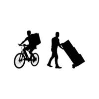 Silhouette Set of Delivery Workers with Hand Trucks and Boxes Courier and Mover Icons Isolated on White Background vector