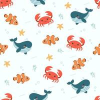 A seamless pattern of sea creatures including a whale, crab, and clown fish vector
