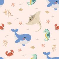 A seamless pattern of colorful underwater scene with a variety of sea creatures, including a whale, a stingray, and a crab vector