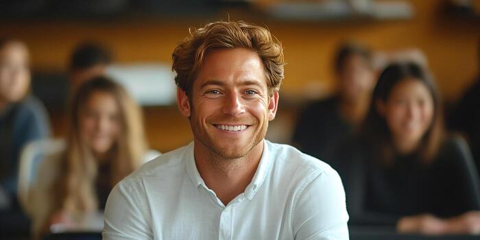 Lecturer smiles confidently while engaging students during an educational session in a classroom. Header banner mockup with copy space. photo