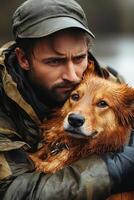 Rescuer in uniform holds scared dog during city flood emergency response photo