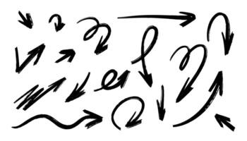 Set of charcoal arrow icons. Freehand doodle arrows with curved lines, swirls, and chalk texture. Perfect for hand drawn, rustic, or creative design projects. vector