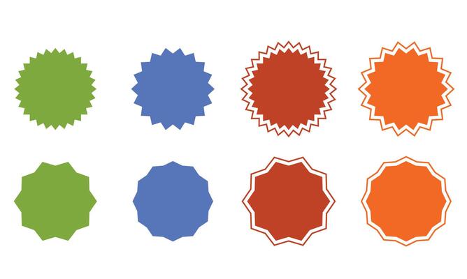 Hand-drawn star round sticker tag icon shape pack. Includes circle and starburst label designs, perfect for promotions, sales, price offers, and badges. Colorful icons