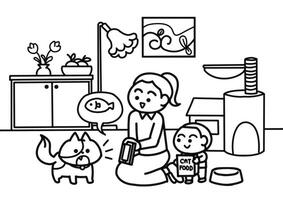 Human use technology to talk with cat vector