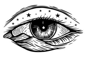 surreal eye art mountains and stars within a gaze, reflecting nature and dreamlike vision vector