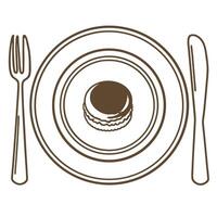 elegant dining fork, knife, and plate with macaron illustration for culinary and dessert enthusiasts vector