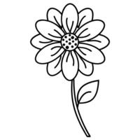 simple black and white flower drawing with petals and leaves on stem vector