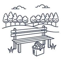 Park bench with picnic basket in scenic forest landscape outline drawing vector