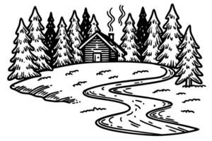 Rustic cabin amidst pine trees nature retreat and forest serenity with winding path vector