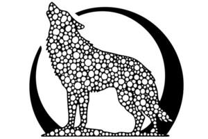 abstract wolf howling at the moon design in circular dot pattern, monochrome artistic wildlife illustration vector