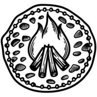 Campfire illustration on a circular background with logs and flames surrounded by stones vector