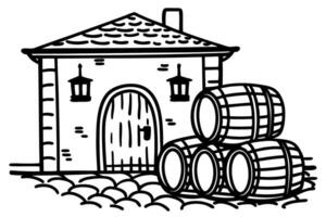 winery building with wooden barrels rustic architecture, traditional wine storage, vineyard scene vector