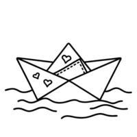 paper boat on water with hearts, simple line art drawing vector