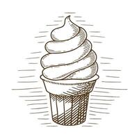 hand drawn ice cream cone vintage sketch, swirled soft serve dessert illustration vector