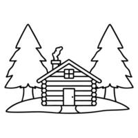 Simple cabin illustration with pine trees cozy rustic log house outline, nature setting vector
