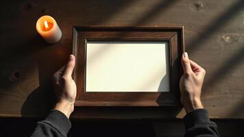 Hands Holding Framed Blank Canvas with Candle on Wood Surface photo
